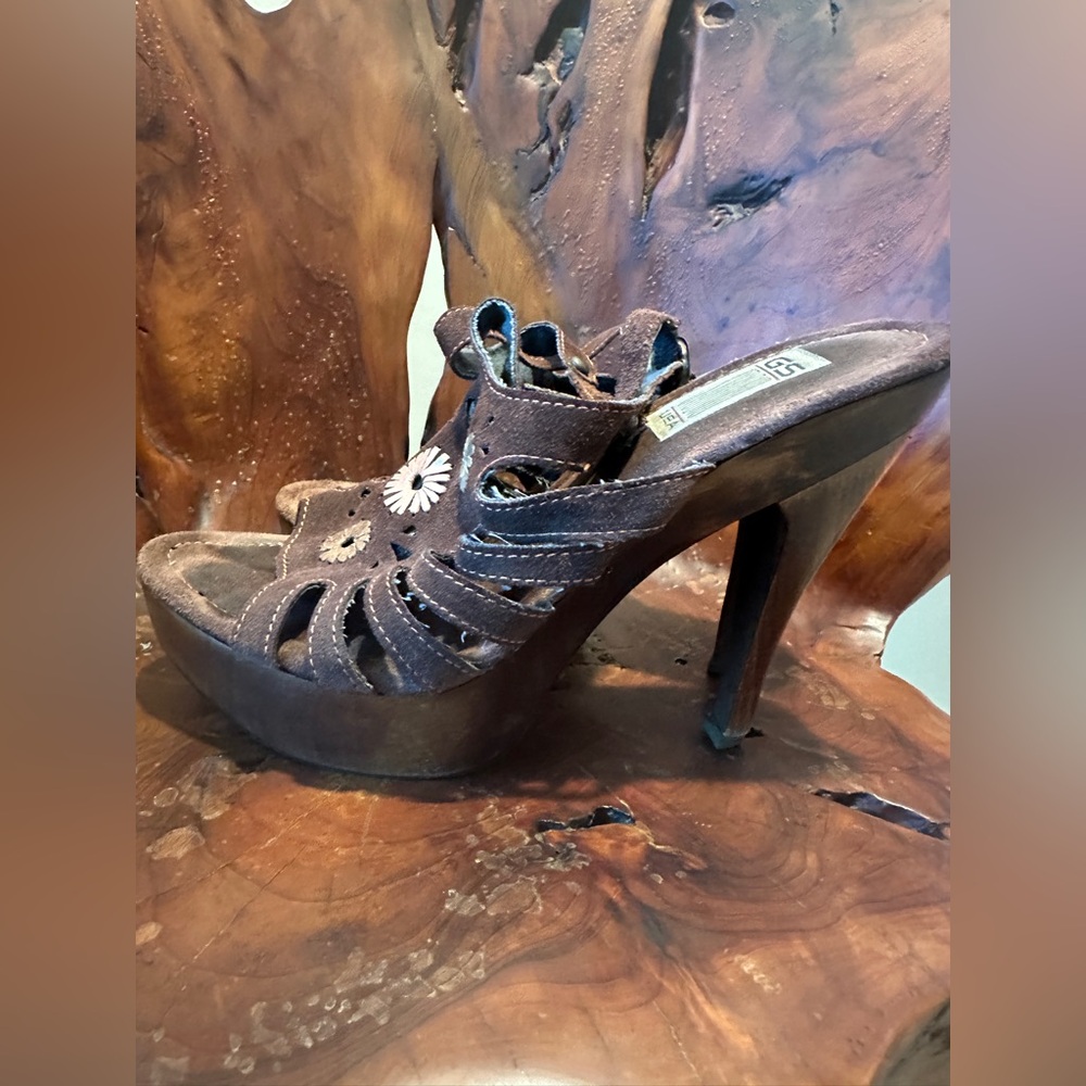 🤩Brown Suede Wooden 5 inch Platform Super Comfy 🌼 Floral Platform Shoes - Picture 6 of 14